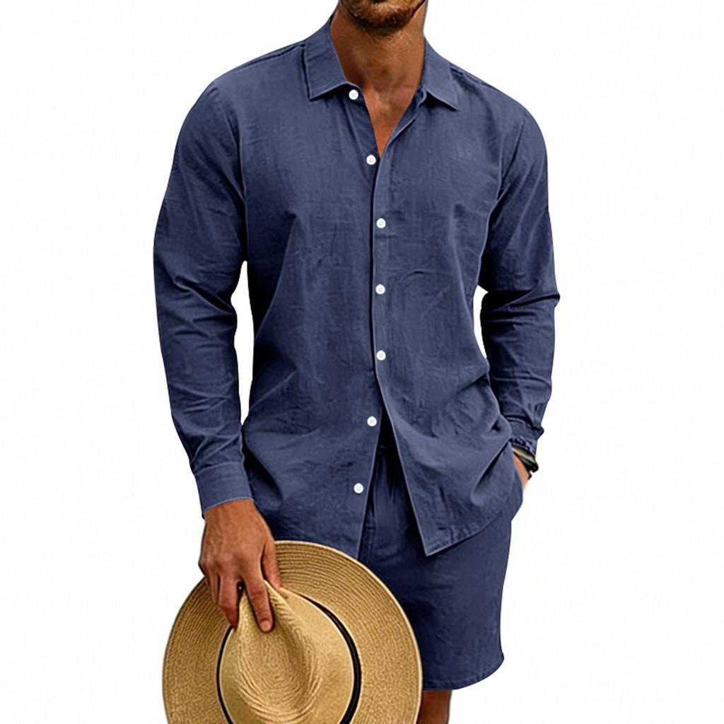 Men's Cotton And Linen Casual Long-Sleeve And Shorts Set