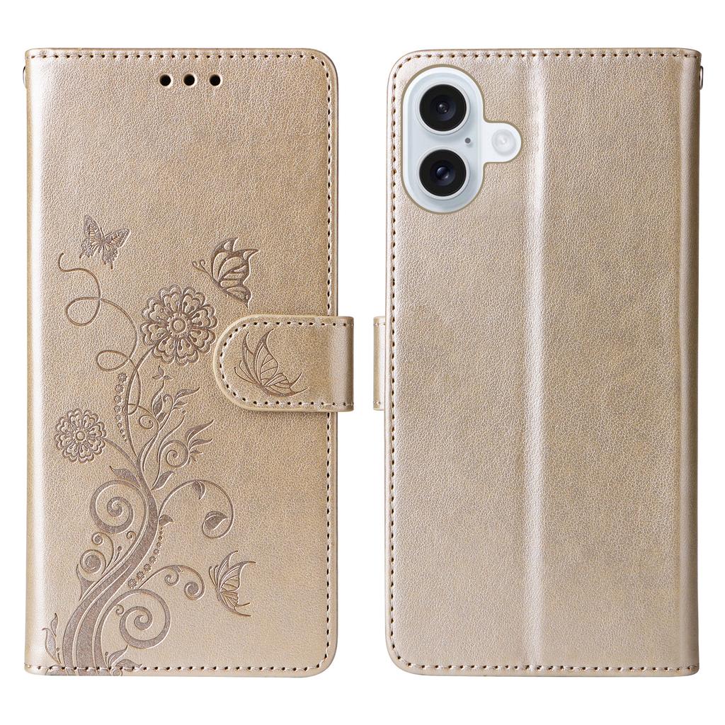 For iPhone 16 Plus Leather Case Butterfly Floral Imprint Wallet Stand Cover