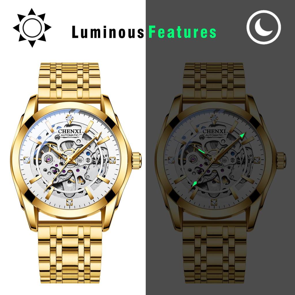 Men's Automatic Mechanical Watch 3ATM Waterproof Luminous Analog Display Stainless Steel Adjustable Belt Gold Fashion Accessory