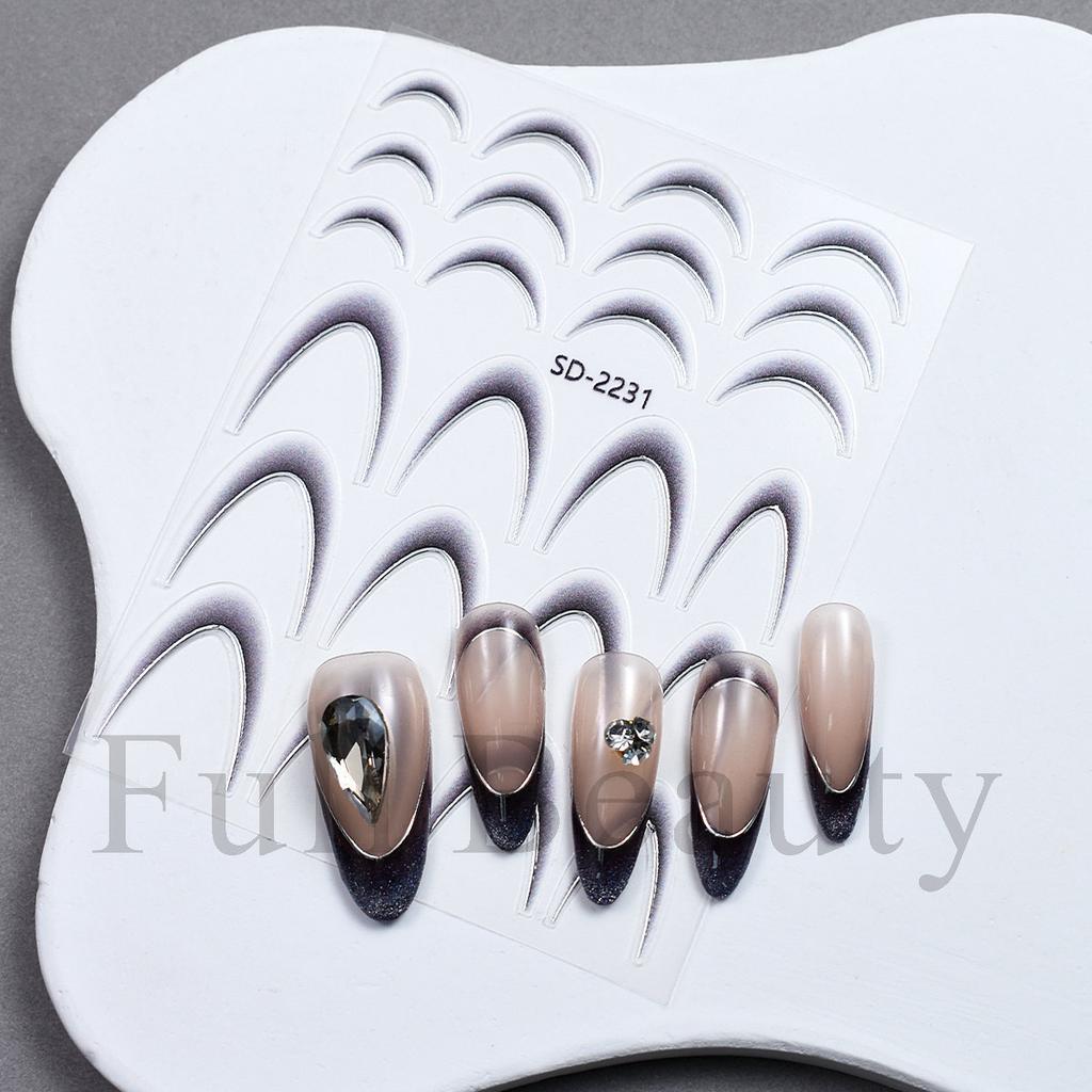 Nail Art Sticker, Anti-French Gradual Change Bronzing Hot Silver Black And White French Sticker Adhesive Nail Sticker