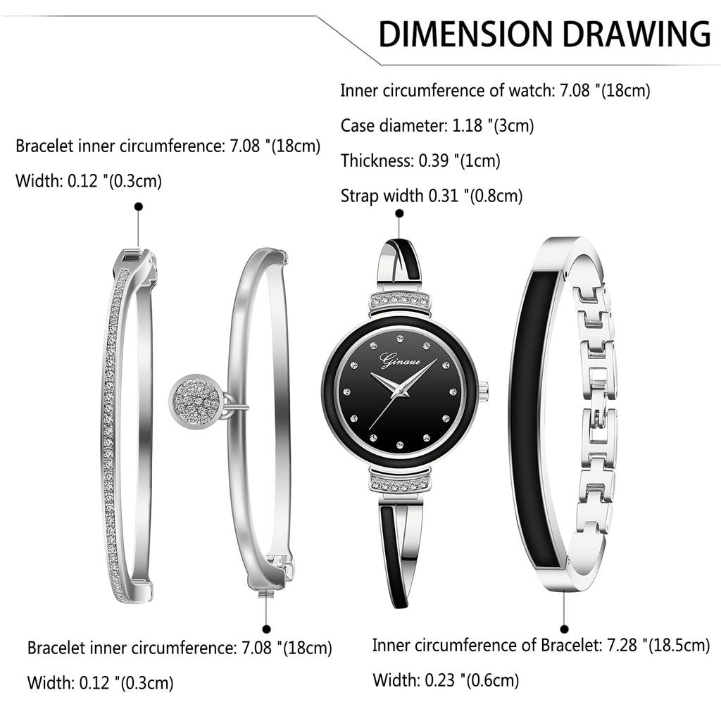 Bangle Watch Bracelet 4 Piece Set Analog Display Waterproof Popular Cute Stylish Alloy Watch Silver Black Birthday Anniversary Christmas Day Present