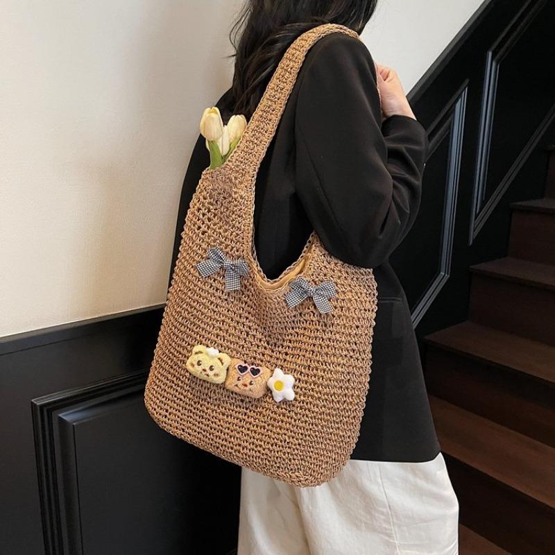 Spring Popular Large-capacity Hollow Design Woven Bag Women's New Bow Shoulder Straw Woven Tote Bag