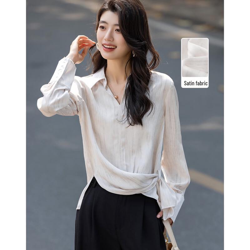 Elegant V-Neck Print Blouse with Asymmetrical Hem S