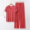 Ensemble Tenue de Sport pour Femme à Col en V Manches Courtes Blocs de Couleurs Pantalon Large