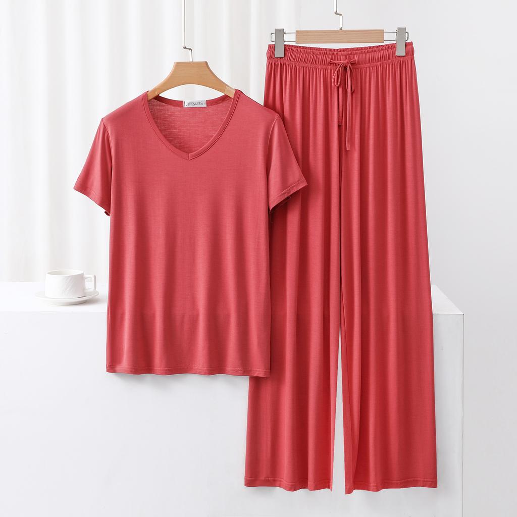 Ensemble Tenue de Sport pour Femme à Col en V Manches Courtes Blocs de Couleurs Pantalon Large