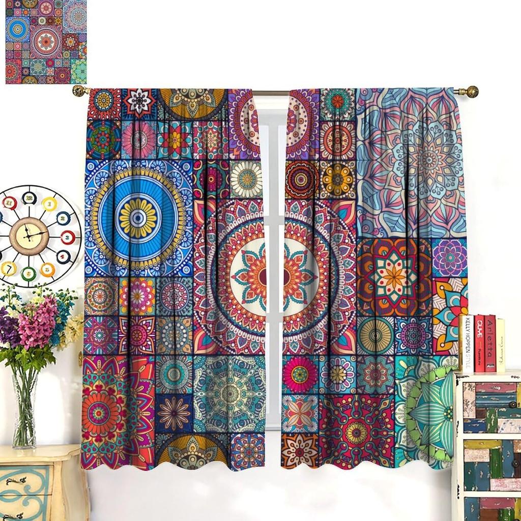 Bohemian Curtain Colorful Vintage Floral Mandala Flower Aztec Boho Window Home Decorative for Home Kitchen Restaurant Decoration