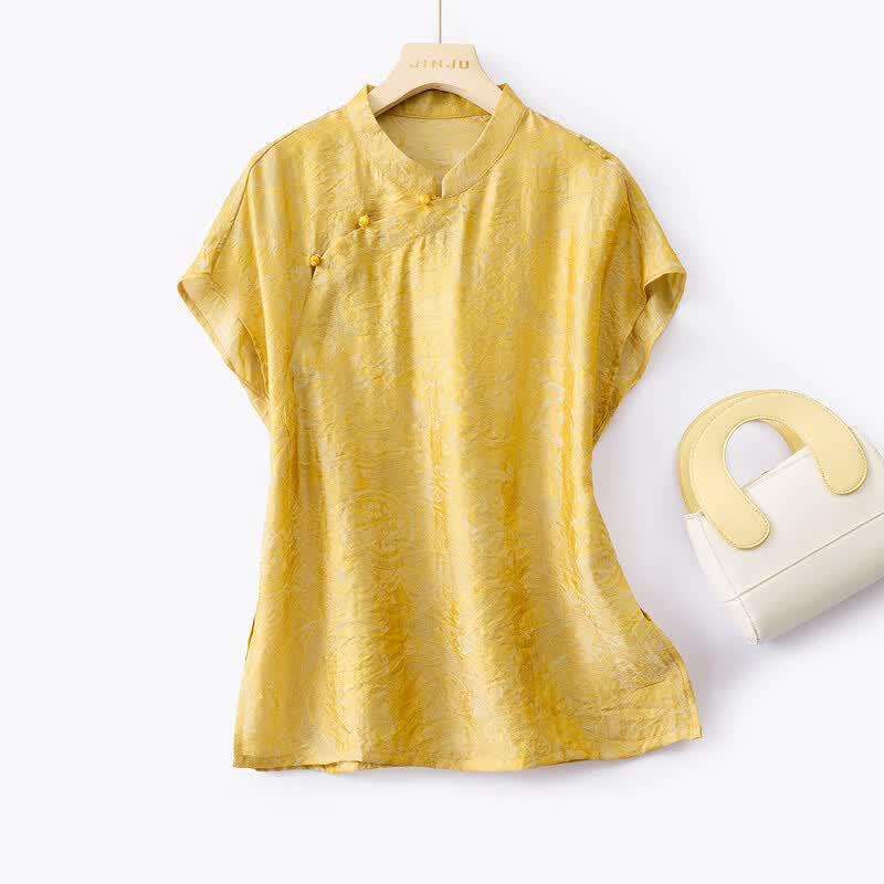 Women s New Chinese Style Floral Print Stand Collar Short Sleeve Top 4XL