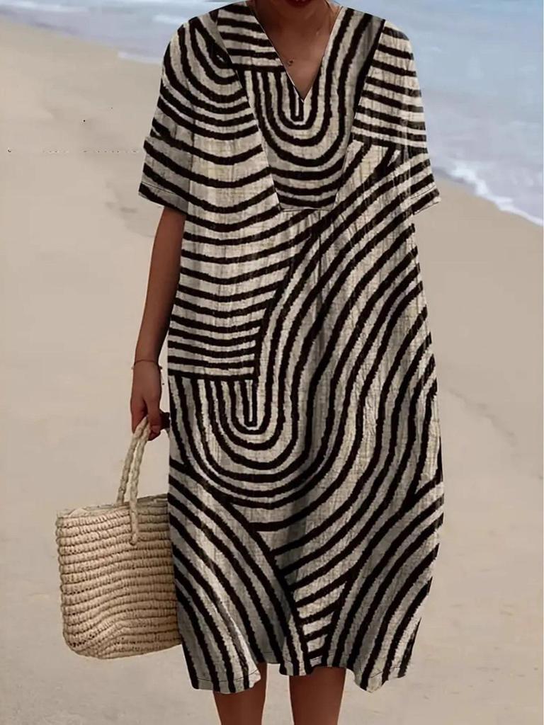 V-Neck Leaf Print Dress - Elegant European & American Style