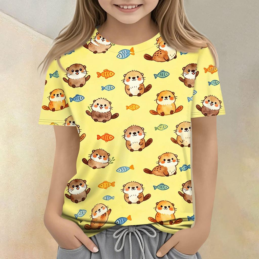 Kids Animal Print Crew Neck Short Sleeve Casual Loose Fit T Shirt Comfortable Lightweight Soft Fabric Suitable for Everyday Wear
