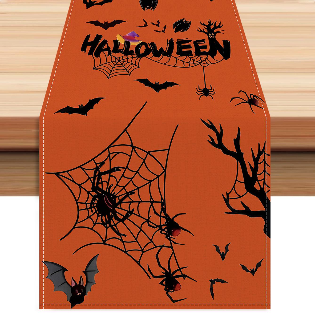 

1pc Orenge Halloween Table Runner with Bat Spider Web Pattern Dustproof Durable Tablecloth for Halloween Dining Room Decoration 33x183cm