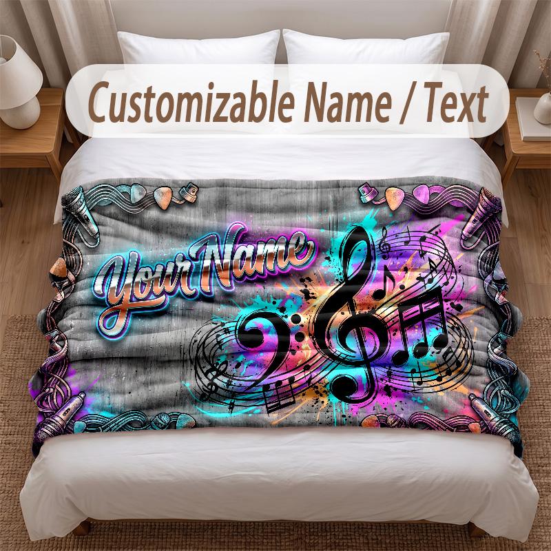 Music General Theme Soft Blanket Personalized Custom Name Text Print Warm Blanket Home Sofa Bedroom Decor