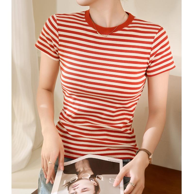 Striped T-shirt Women's Summer Short Sleeve New Pure Cotton Retro Top Slimming Bottom Shirt