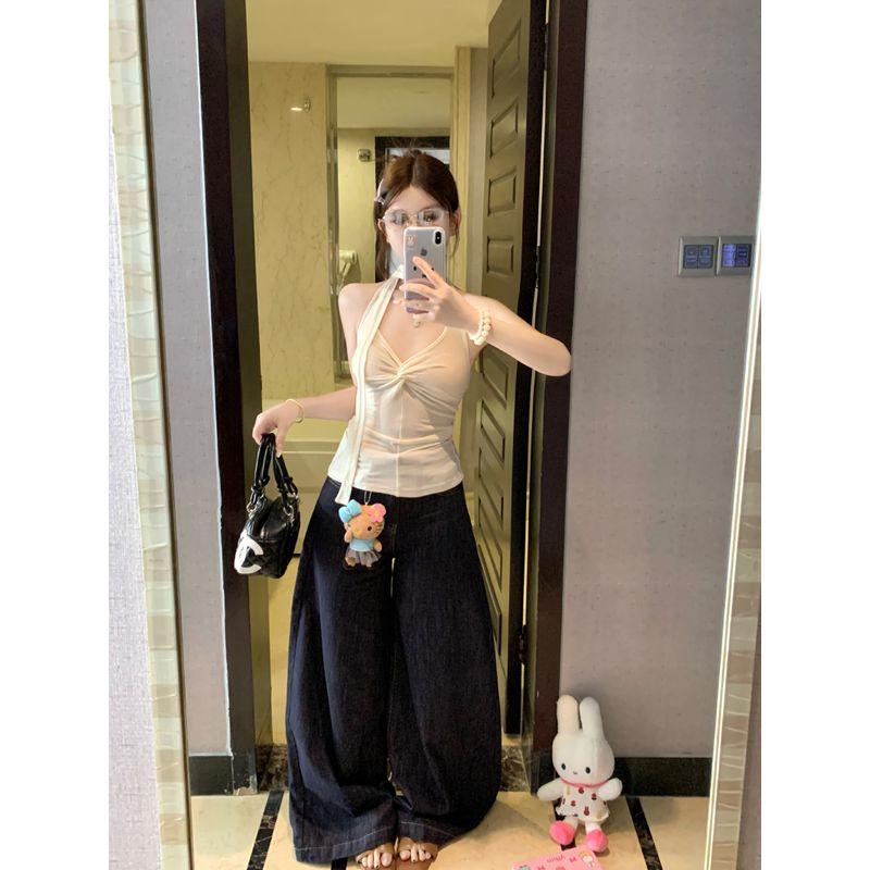 Kumikumi Design Sense Apricot Twisted Ribbon Halter Top Women Summer Chic Age-Reducing Slim fit Slimming Top