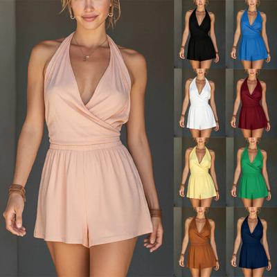 Womens Halter Neck Romper V Neck Cross Waist Tie Backless Sleeveless One Piece Short Jumpsuit Casual Summer Beachwear