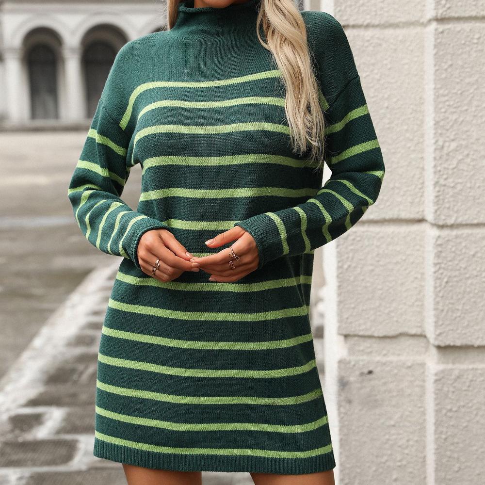 

IHUASU Женский осенне-зимний полосатый свитер в стиле пэчворк с короткими рукавами и высокой горловиной, юбка-полукомбинезон XL зелёный