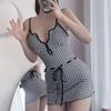 French Blue Gingham Retro Slimming Tie-Up One-Piece Swimsuit