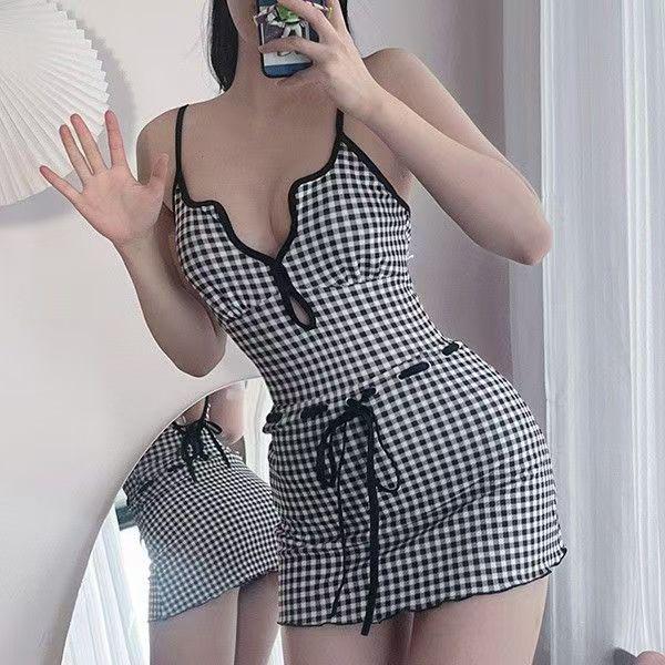 French Blue Gingham Retro Slimming Tie-Up One-Piece Swimsuit
