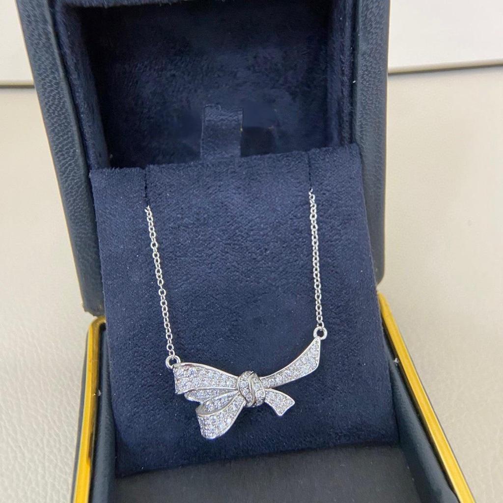 Xiaohongshu Style Full Diamond Bow Knot Necklace, CNC Carved 18K Rose Gold Princess Clavicle Chain