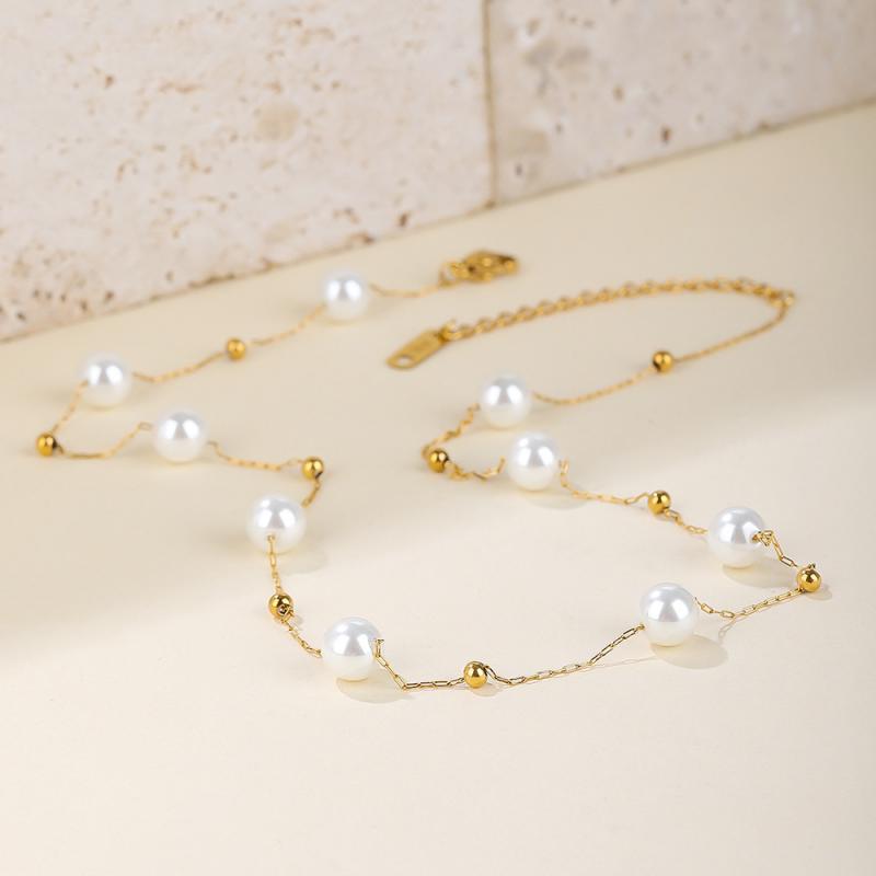 Stainless Steel Pearl Necklace Bracelet Vintage Waterproof Gold Color Small Round Bead Necklace Fashion Women's Jewelry Gift
