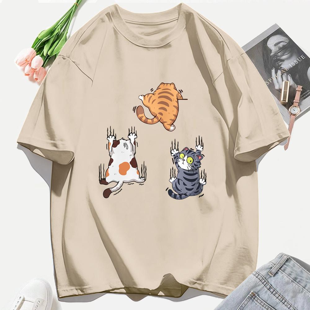 Three Cats Climbing Upwards And Escaping Print T-Shirt Women Soft Y2K T Shirts Cotton Casual Woman Clothes Crewneck Oversize Top
