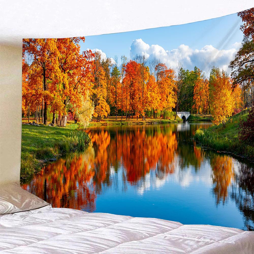 

Домашний декор Спальня Декор для гостиной гобелен Осенние листья Сумерки Пруд Пейзаж Растения Полиэстер Настенный гобелен 230x180 см 150x100cm
