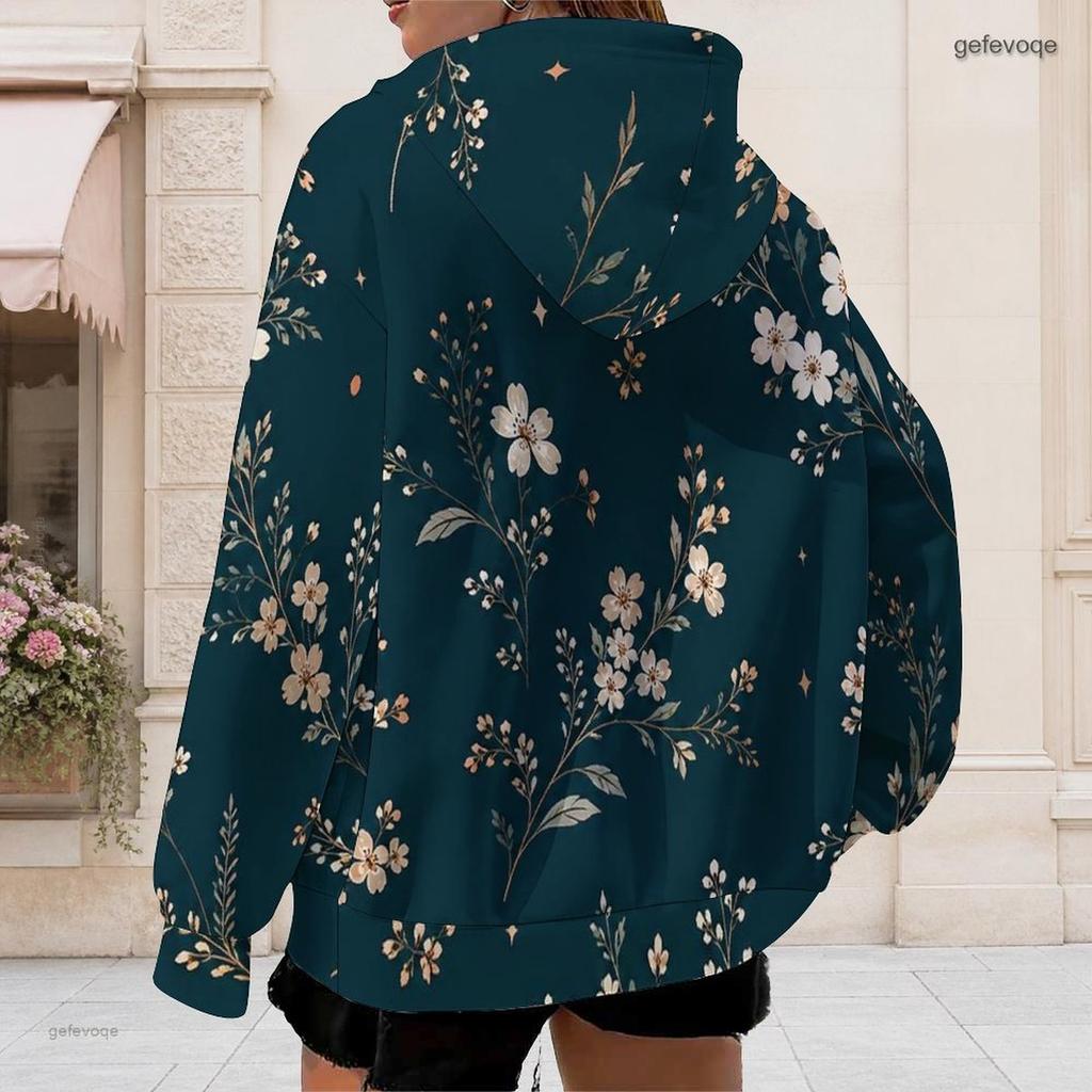 Women Plus Size Black Floral Print Zip Up Long Sleeve Drawstring Hoodie With Pockets