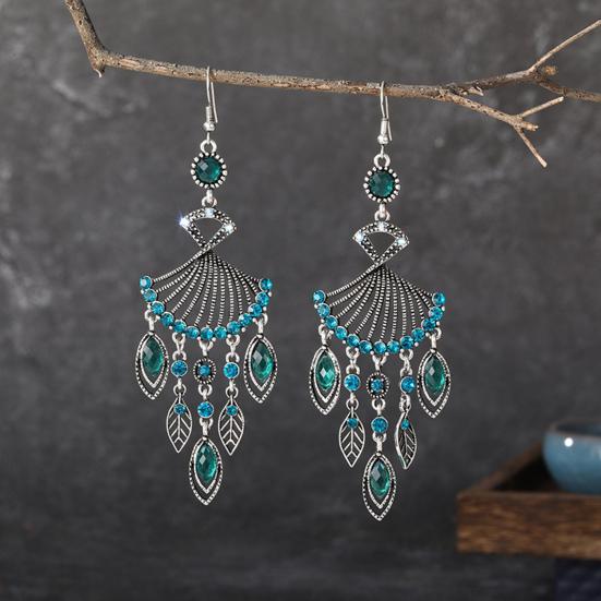 1 Pair Dangle Earrings Bohemian Retro Ethnic Style Long Tassel All-match Decoration Faux Crystal Women Hollow Fan-shaped Drop Earrings