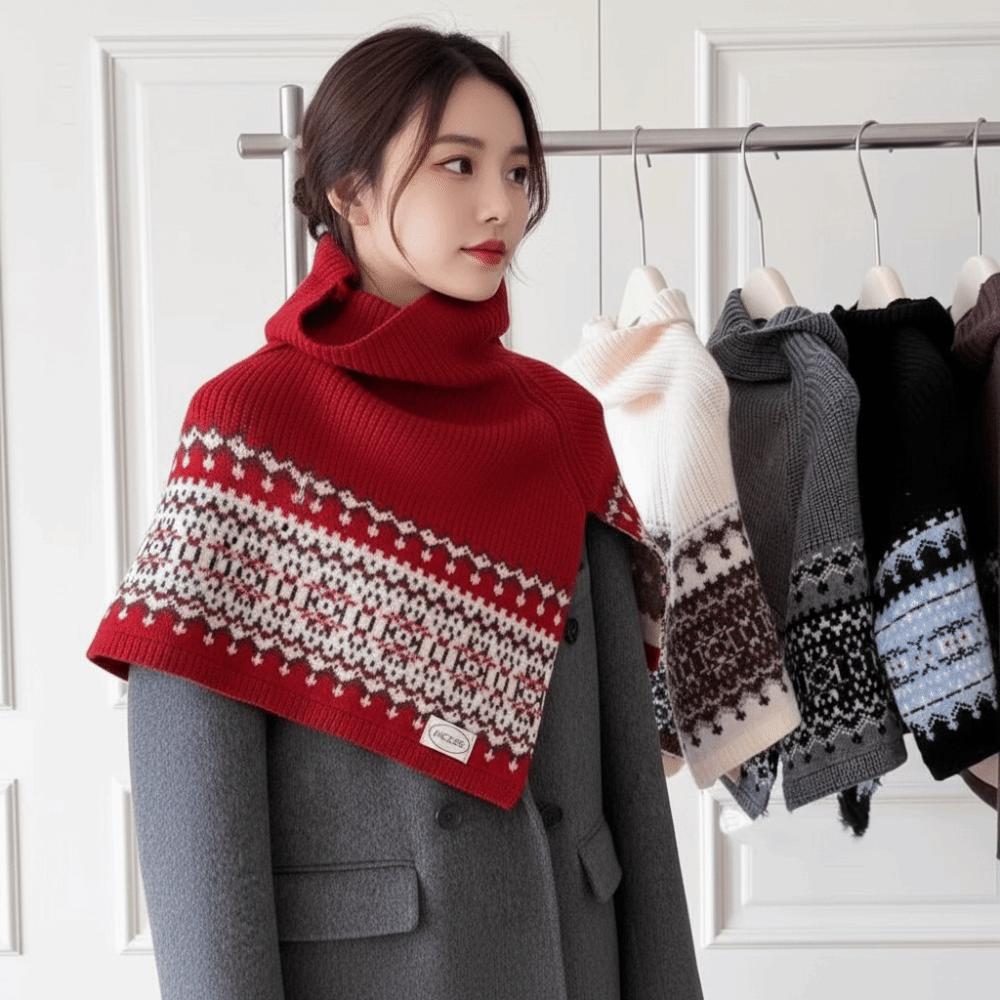 Pullover Fair Isle Style Knitted Shawl Thicken Neck Wraps Simple Jacquard Scarf  Women