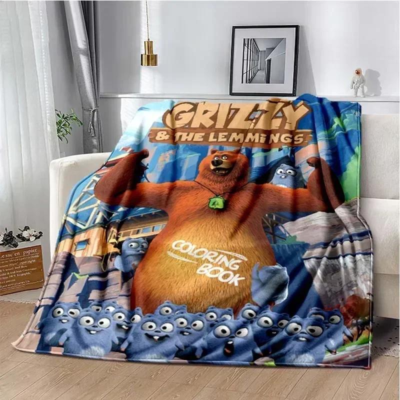 Cute Cartoon Anime Grizzly & The Lemmings Throws Blanket for Beding Hiking Picnic Super Soft Funny Flannel Blanket Birthday Gift