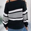 Women's Off Shoulder Sweater - Color Block Striped Bell Sleeve Pullover with Metal Buttons Fall Winter Casual Knitwear