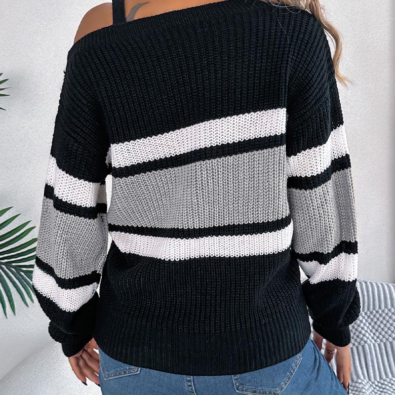 Women's Off Shoulder Sweater - Color Block Striped Bell Sleeve Pullover with Metal Buttons Fall Winter Casual Knitwear