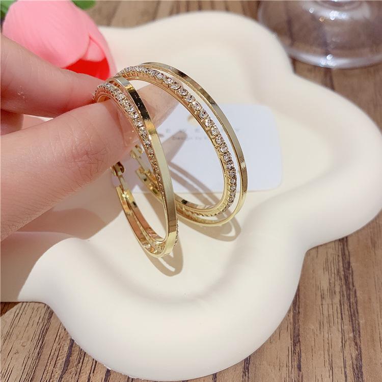 111 Silver Needle Korean Design Sense Double Layer Cross Zircon Earrings Femininity Exaggerated Geometric Large Circle Earrings 925 silver needle