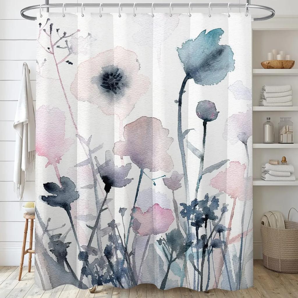 Floral Shower Curtains for Bathroom Pink Plant Flowers Watercolor Butterfly Wildflower Botanical Bathroom Curtain Set,Waterproof