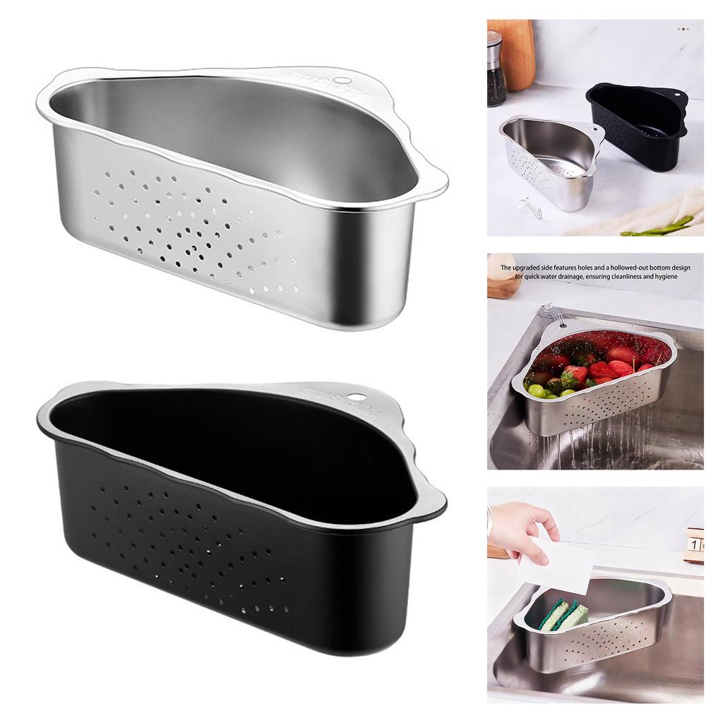 Triangular Kitchen Sink Organizers With Mesh Drain Basket Food Grade Steel Rustproof Design Corner Food Strainer Rack