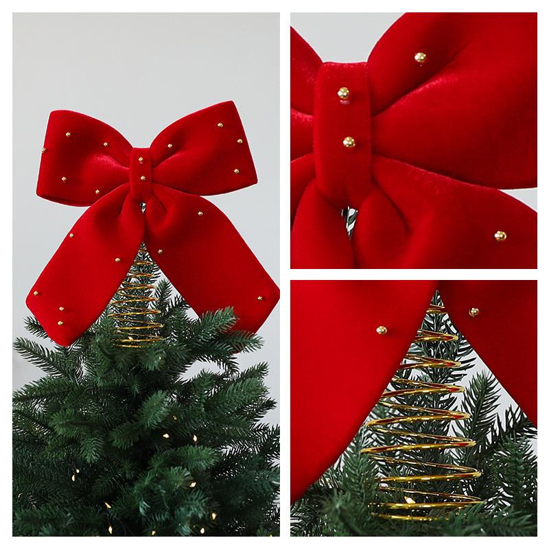 Flannel Red Bow Tree Topper With Embellished Star For Christmas Celebration