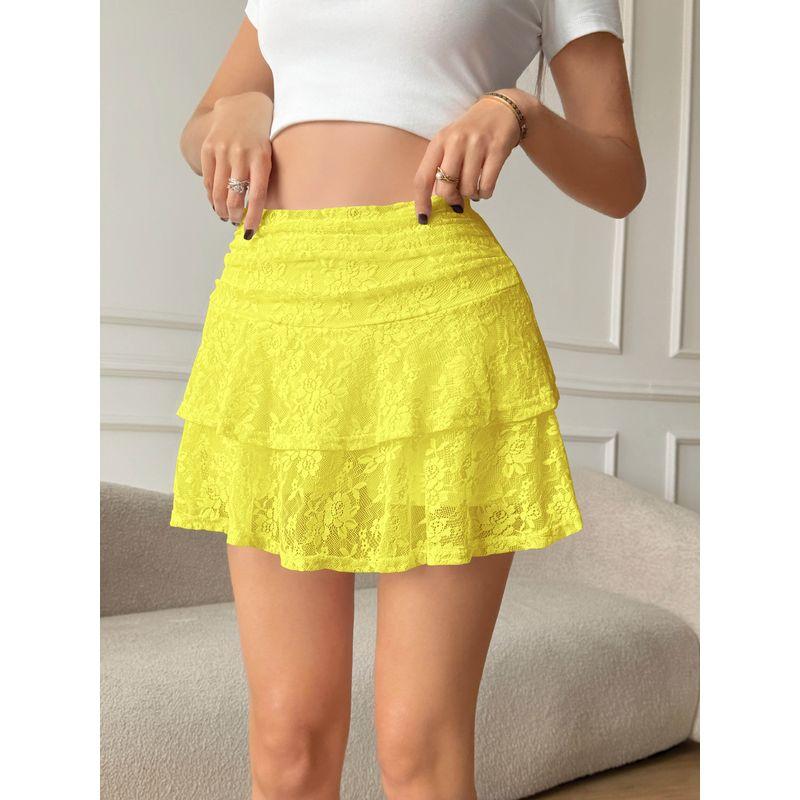 

Women Lace Layered Mini Skirt Ruched Tiered Ruffle Skirt Yellow XL