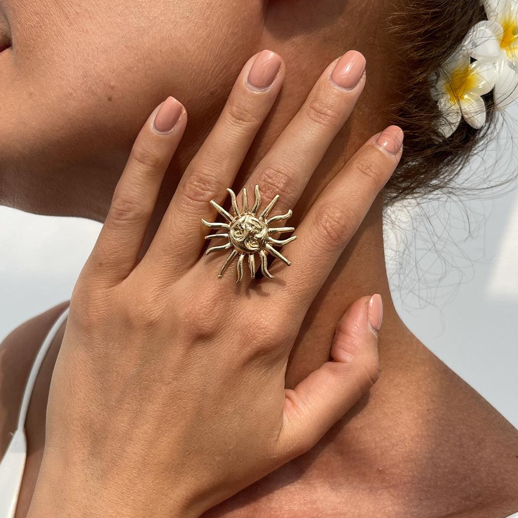 Set de inele din aliaj de soare cu față exagerată, inele geometrice reglabile, pentru plajă, personalizate, inele pentru femei pentru navetiști.