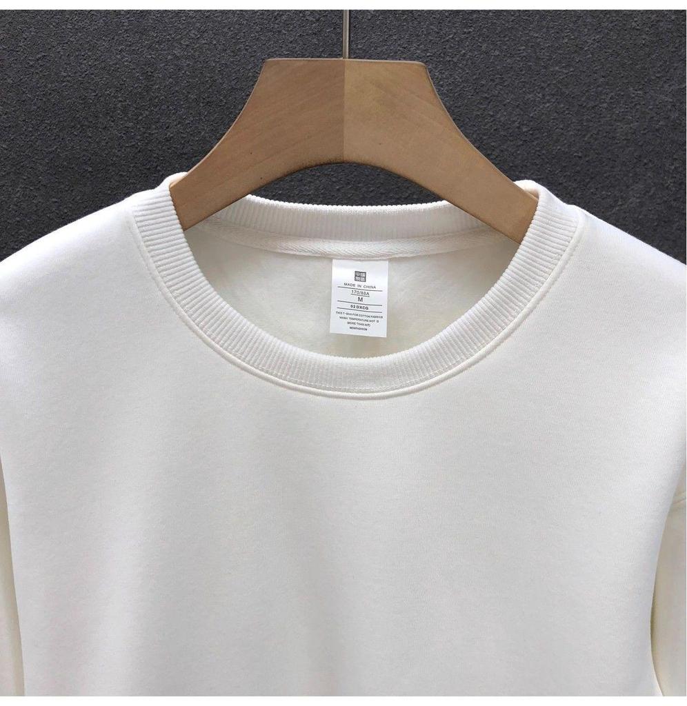 Men's Winter Fleece-Lined White Sweatshirt: Simple Solid Color, Round Neck, Long Sleeve, No Hood, Perfect for Spring and Autumn.