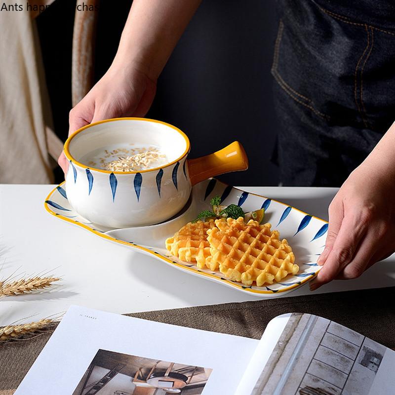 Hand Painted Ceramics Bowl Dish Two-piece Decorative Tableware Dessert Plate Breakfast Bowl with Handle Dinner Plate Salad Bowl