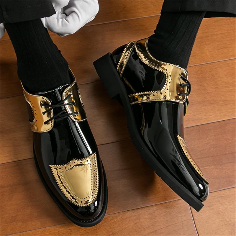 Luxury New Designer Men's Gold Silve Mixed Color Lace Up Fashion Patent Leather Shoes Formal Wedding Dress Homecoming Footwear