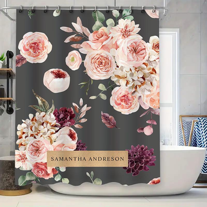 Pink Floral Bath Shower Curtain Set with Personalized Name for Bathroom Decor Black Background Waterproof Fabric Customizable Si
