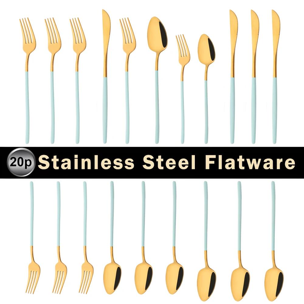 20Pcs Mirror Pink Gold Flatware Cutlery Set Sainless Steel Home Dinnerware Party Fork Spoon Knife Kitchen Dinner Tableware Set