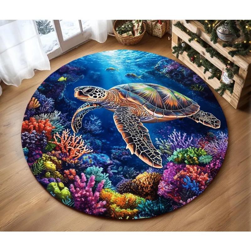 Vibrant Sea Turtle Swarm Rug Circle Carpet with Playful Turtles & Coral Reef Ocean Life Mat for Vibrant Home & Kids Room Decor