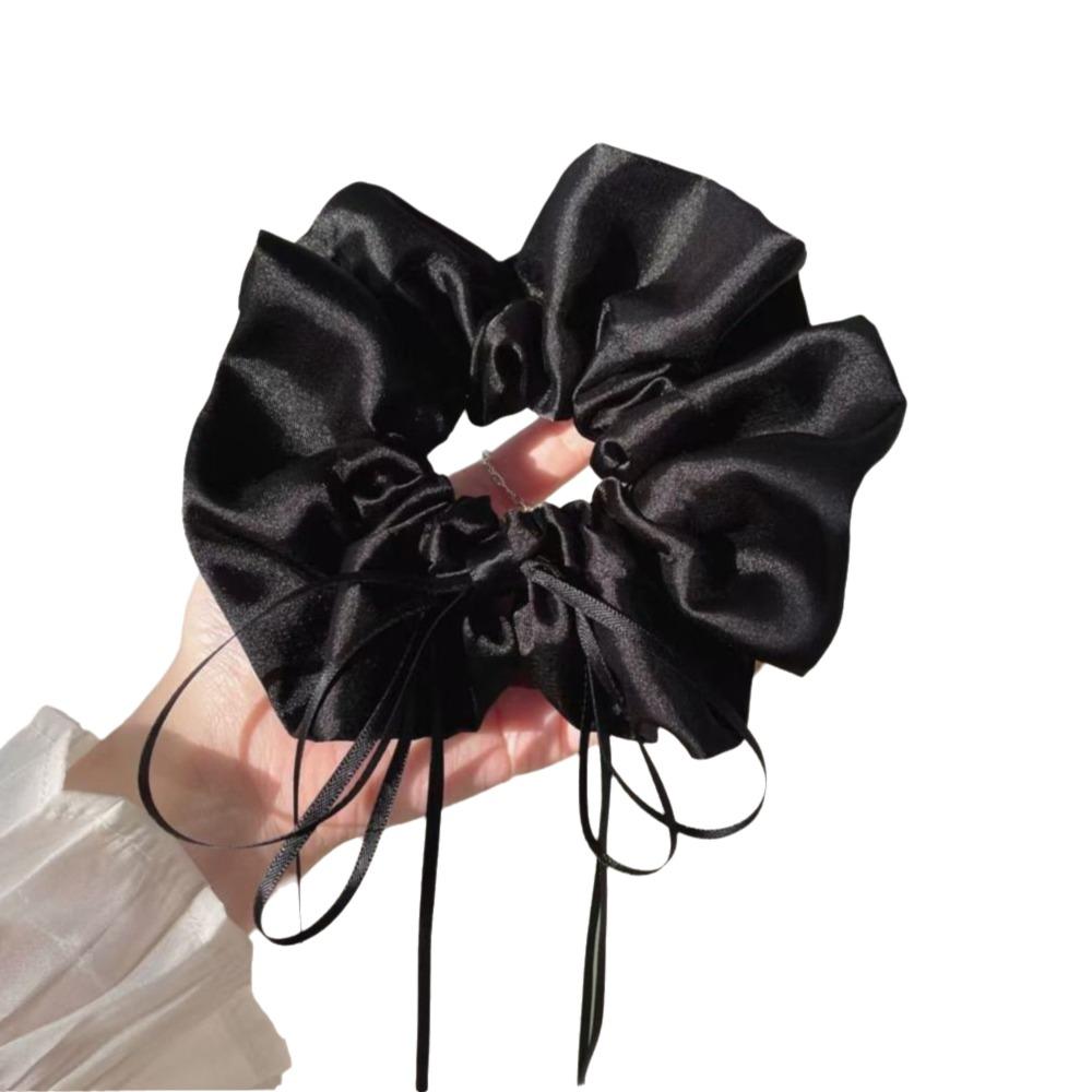 Elegant Satin Material Bow Scrunchie With Long Ribbon Elastic Hair Tie Black/White Hair Accessory Daily Wear чёрный