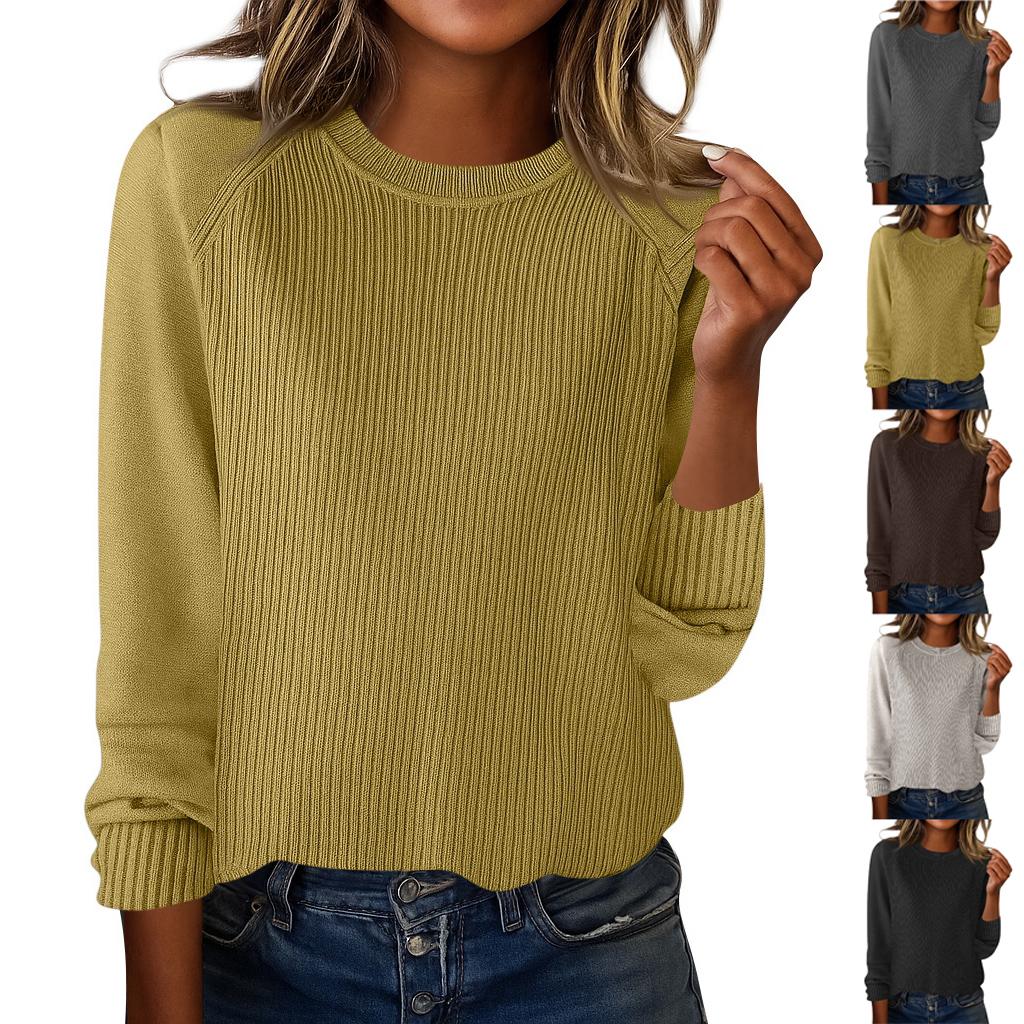 Women's Fashion Casual Solid Color Round Neck Split Hem Raglan Sleeve Long Sleeve Sweater Top