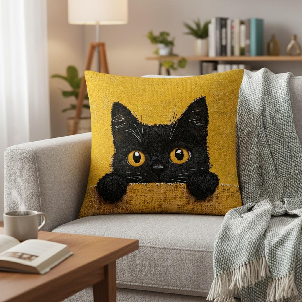 Peeking Black Cat Pillow Cover 2D Faux Embroidery Print Cushion Case Cat Lover Cozy Home Decor Gift