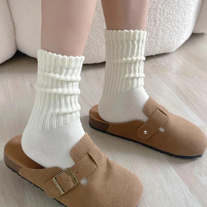 Women Knitted Long Socks Girls Casual Black White Solid Loose Crochet High Tube Lolita Cotton Boot Cuffs Ruffles Socks