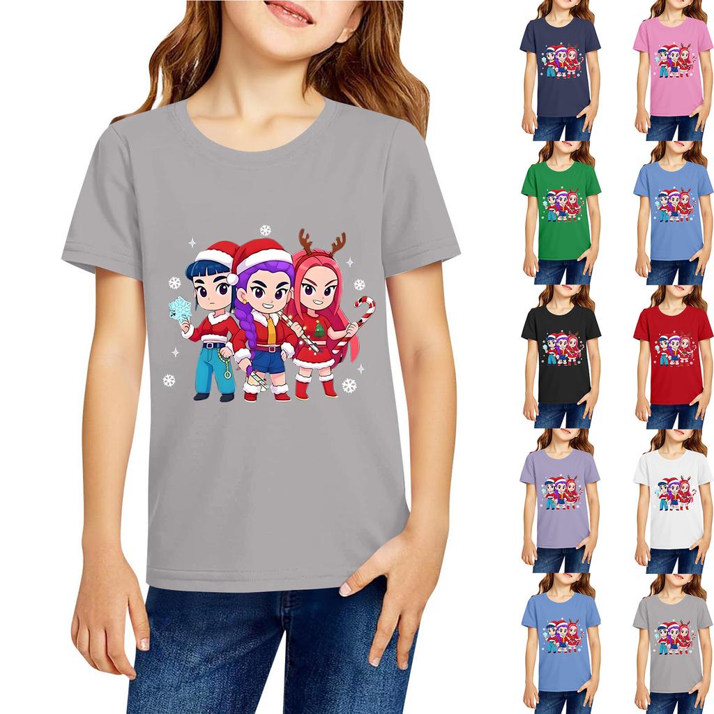 Girls' Round Neck Short Sleeves Christmas Witch  Group Print Casual Short Sleeves