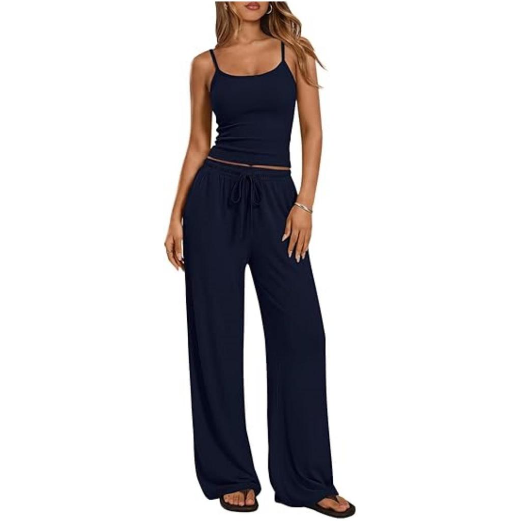 2026 Women's Casual Set: Solid Color Camisole & Wide-Leg Pants 2-Piece Outfit