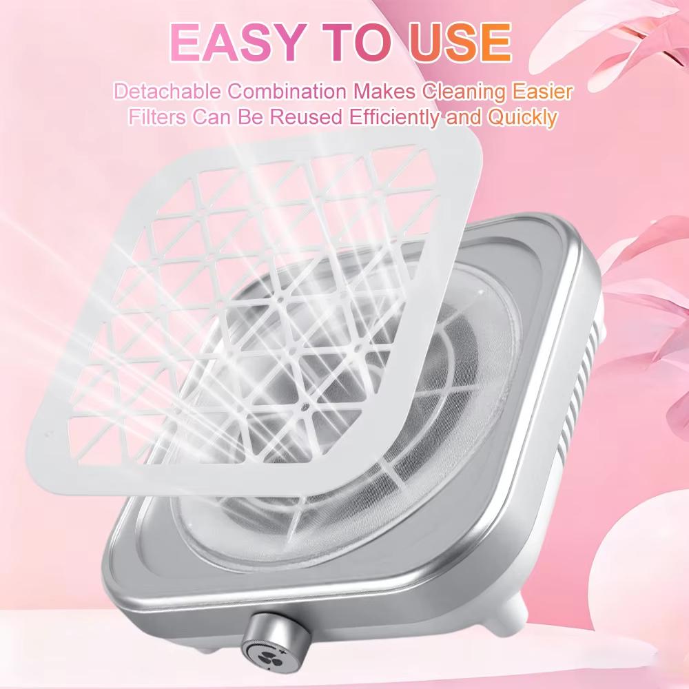 Powerful vacuum cleaner for nail technicians, stepless speed control, and comes with disposable filters